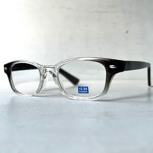 NEW +2.50 Reading Glasses Black Clear Fade Horn Rim 60’s Style NOS Unisex